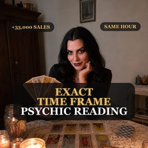 May include: A person with dark hair wearing a black top, holding a fan of tarot cards. The image features text that reads +33,000 SALES, SAME HOUR, and EXACT TIME FRAME PSYCHIC READING. Several tarot cards are laid out on a lace-covered table.