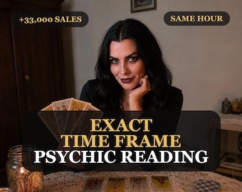 May include: A person with dark hair wearing a black top, holding a fan of tarot cards. The image features text that reads +33,000 SALES, SAME HOUR, and EXACT TIME FRAME PSYCHIC READING. Several tarot cards are laid out on a lace-covered table.