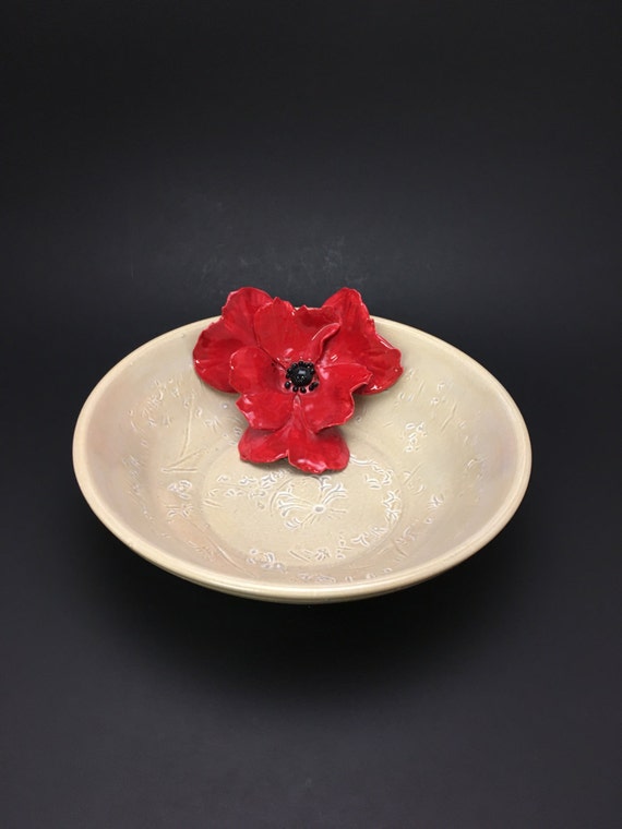 Items similar to Handmade Pottery Bowl, Oyster with Red Flower Bowl on Etsy