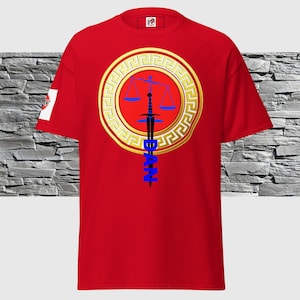 Dan Tribe Inspired T-Shirt | Scales Emblem with Sword Graphic | Tribal Heritage Symbol Shirt | Unique Gift Apparel for Men and Women