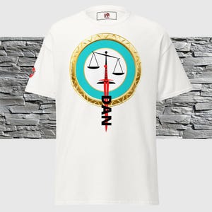 Tribe of Dan Graphic T-Shirt | Scales of Justice and Sword Design | Heritage Inspired Shirt | Bold Gift Apparel for Him and Her