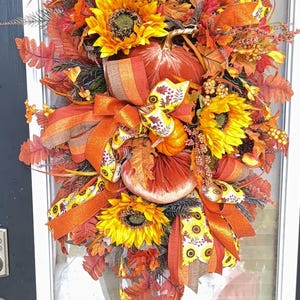 Fall Sunflower Swag Wreath with Pumpkins & Bows | Autumn Door Decor | Fall Floral Swag | Handmade Fall Decor for Front Door