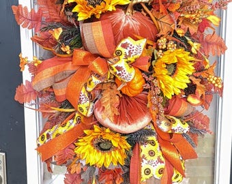 Fall Sunflower Swag Wreath with Pumpkins & Bows | Autumn Door Decor | Fall Floral Swag | Handmade Fall Decor for Front Door