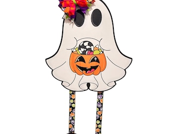 Cute Halloween Ghost Door Hanger with Candy Bucket | Trick or Treat Ghost Wreath | Kid-Friendly Halloween Porch Decor | Handmade Boo Sign