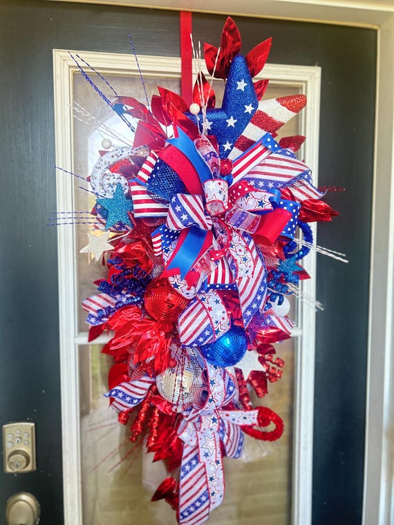Festive| Patriotic Swag and Glitter Star | Americana 4th of July Door Decor | Red White Blue Bow | Handmade USA Wreath