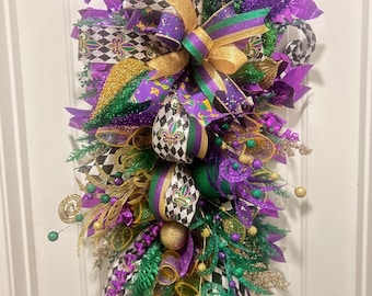 Festive Over-the- Top  Mardi Gras Swag Wreath – Purple Green Gold – Bestselling Handmade Gift – Luxe Ribbon Door Decor Made in Louisiana