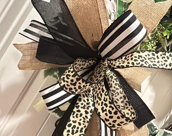 Leopard Everyday Accent Bow | Year Round Wreath Bow | Neutral Burlap, Stripe & Animal Print Door Bow | Versatile Home Decor Bow