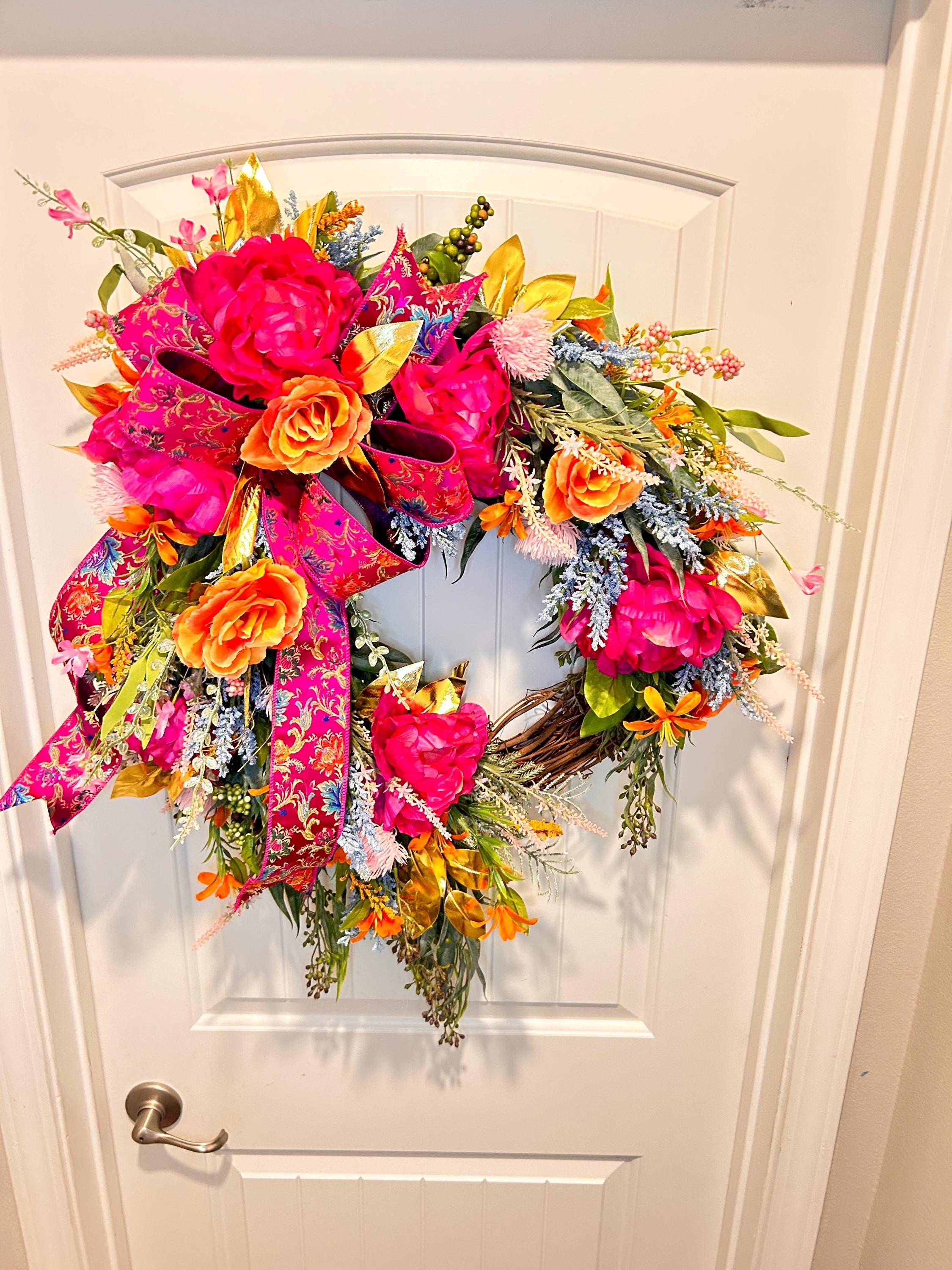 Enchanted Garden-Spring to fall  Bright Floral Door Wreath with Hot Pink Peonies, Orange Roses, Designer Ribbon – Summer