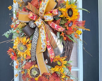 Rustic Sunflower Fall Wreath – Farmhouse Autumn Door Decor – Grapevine Harvest Wreath with Bows, Leaves & Seasonal Flowers