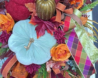 Best Seller Extra Large Fall Teardrop Door Swag – Autumn Wreath for Double Doors – Luxe Pumpkins, Designer Ribbons & Seasonal Florals