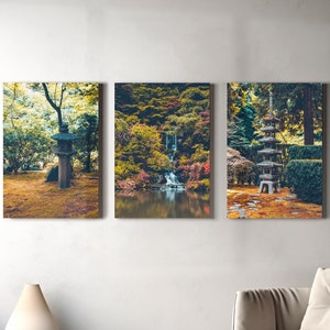 3PC Set - Vibrant Japanese Garden of Portland, Oregon. Featuring a serene waterfall, flowers, shrines, and stone lanterns
