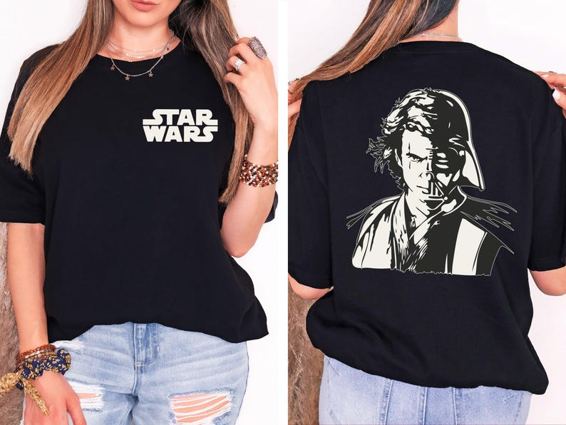 a woman wearing a star wars t - shirt