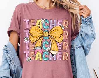Teacher Coquette Bow Shirt, Last Day Of School Shirt, Teacher Appreciation T-Shirt, Best Teacher Floral Shirt, Elementary Teacher Shirt