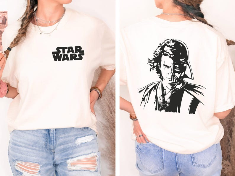 a woman wearing a star wars t - shirt