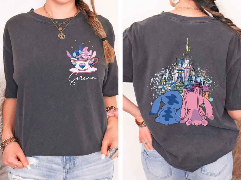 a woman wearing a disney shirt with a castle on it