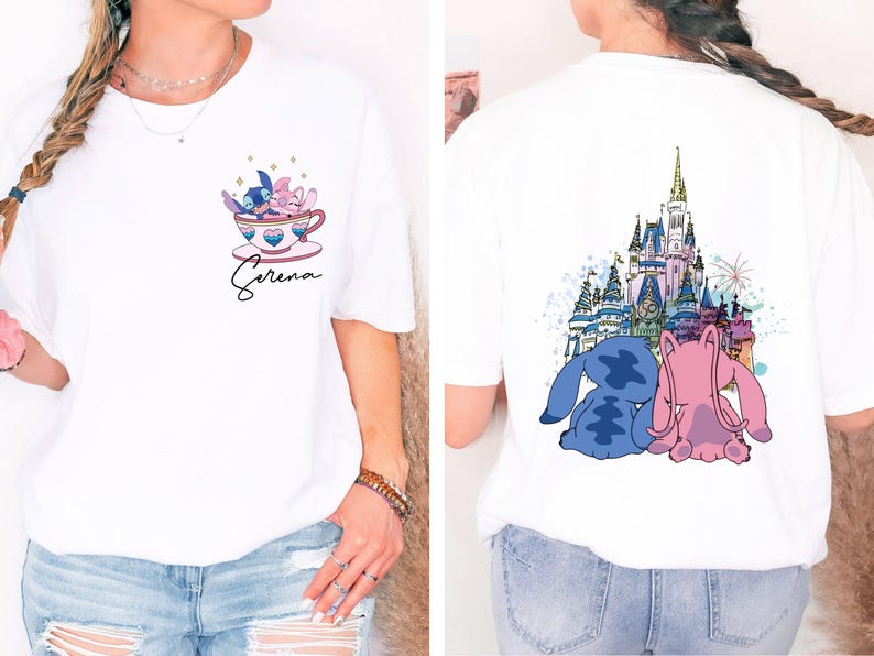 a woman wearing a white shirt with a castle on it