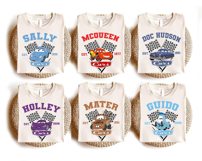 a group of six t - shirts with cars on them