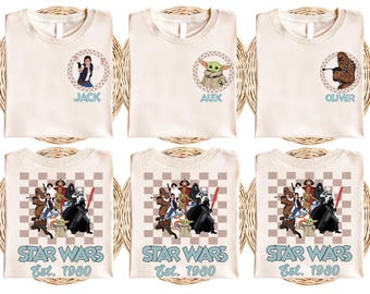 Camiseta Disney Star Wars, Camiseta Retrô Galaxy's Edge, Camiseta Xadrez Disney para Férias em Família, Camiseta Chewbacca Princesa Leia Darth Vader