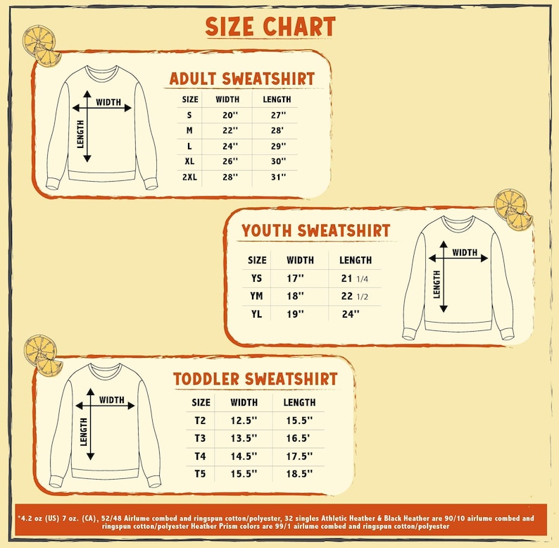 the size chart for a sweatshirt with measurements