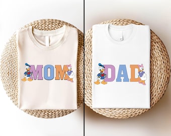 Camiseta combinando da Disney para a família, camiseta da Margarida e do Pato Donald da Disneylândia, camiseta da mãe da Margarida, camiseta do pai do Pato Donald, camiseta para viagem de férias à Disney