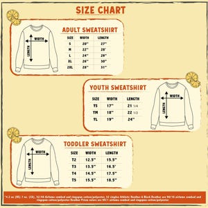 a size chart for three different types of sweatshirts: adult, youth, and toddler. The chart provides measurements for each type of sweatshirt, including widths and lengths, in inches.