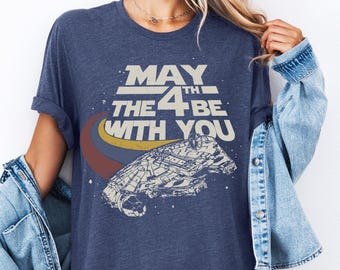 Camisetas retro de Star Wars, camiseta "Que la fuerza te acompañe", camiseta de Galaxy's Edge, camiseta del Halcón Milenario, camiseta de fan de Star Wars, camiseta del 4 de mayo
