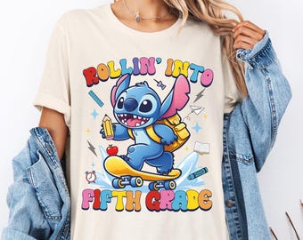 Rollin Into Fifth Grade Shirt, Disney Stitch 5th Grade T-Shirt, Last Day Of School Shirt, Hello School Shirt, First Day Of School Shirt