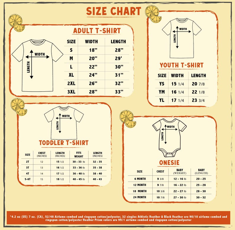 Puede incluir: Una tabla de tallas para camisetas de adulto, juvenil, infantil y body. La tabla incluye medidas de ancho y largo en pulgadas, junto con informaci&oacute;n de peso y ajuste. La tabla est&aacute; sobre un fondo crema con detalles de rodajas de lim&oacute;n.