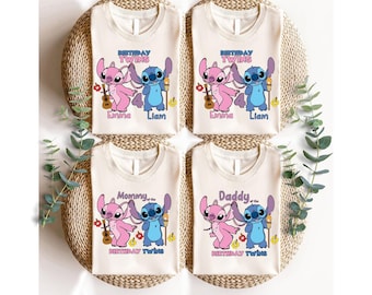 Disney Birthday Twins Shirt, Disneyland Stitch and Angel Birthday Matching Shirt, Custom Family Birthday Party Tee, Disney Birthday Trip Tee