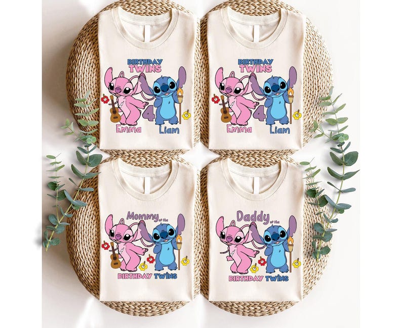 Disney Birthday Twins Shirt, Disneyland Stitch and Angel Birthday Matching Shirt, Custom Family Birthday Party Tee, Disney Birthday Trip Tee