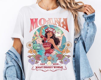 Camiseta Princesa Moana Est. 2016, Camiseta Floral Retrô da Princesa Disney, Camiseta Viagem de Meninas, Camiseta do Filme Moana, Camiseta Combinando para o Esquadrão de Princesas