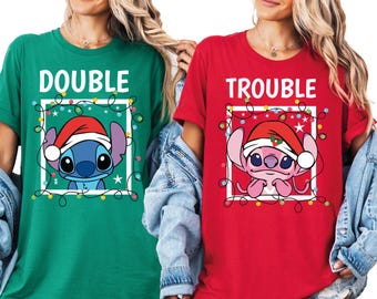 Stitch Double Trouble Christmas Shirt, Disney Stitch and Angel Xmas Shirt, Disney Christmas Matching Sweat, Disneyland Christmas Couple Tee