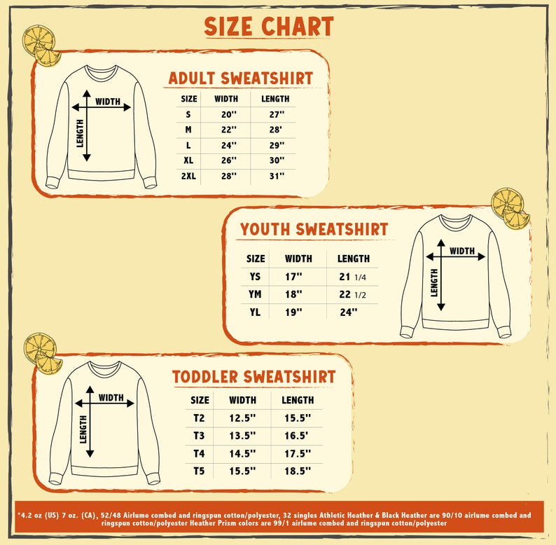 Puede incluir: Una tabla de tallas para sudaderas, que detalla las medidas en pulgadas para tallas de adulto, juvenil y ni&ntilde;o peque&ntilde;o. La tabla proporciona medidas de ancho y largo para las tallas S a 2XL (adultos), YS a YL (juveniles) y T2 a T5 (ni&ntilde;os peque&ntilde;os).