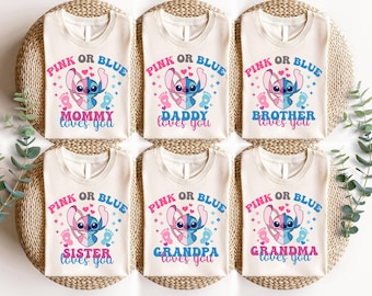 Disney Stitch Angel Gender Reveal Shirt, Pink or Blue Shirt, Disneyland Baby Shower Family Matching Shirts,  New Mom Dad T-Shirt