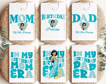 Camiseta de cumpleaños de la princesa Jasmine de Disney para niña, camiseta personalizada para fiesta de cumpleaños de princesa, camiseta de Aladdin y Jasmine, camiseta a juego para la familia de Disneyland