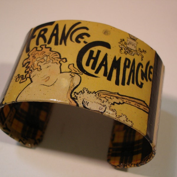 RESERVED...French Champagne Vintage Poster Decoupage Cuff Bracelet