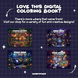 May include: A digital coloring book collection featuring four distinct Halloween-themed illustrations titled Enchanted Halloween, Spooky Places, Spooky House, and Spooky Adulting, set against a dark purple grid background with white star accents.