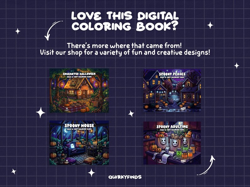 May include: A digital coloring book collection featuring four distinct Halloween-themed illustrations titled Enchanted Halloween, Spooky Places, Spooky House, and Spooky Adulting, set against a dark purple grid background with white star accents.