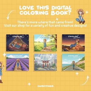 May include: A set of six digital coloring book pages featuring a country girl character in different settings. The pages include a girl camping, a girl walking on a path, a girl sitting on a hay bale, a girl in a lavender field, a girl in front of a Japanese torii gate, and a girl walking on a road by the ocean.
