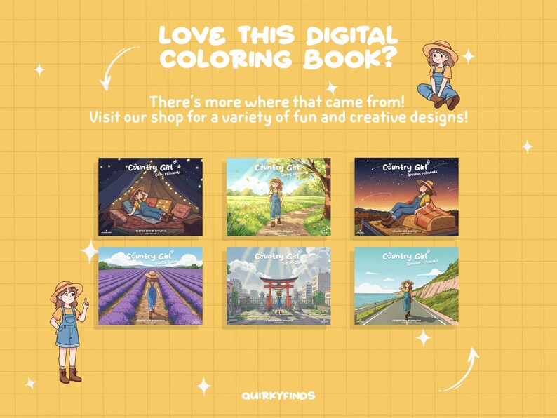 May include: A set of six digital coloring book pages featuring a country girl character in different settings. The pages include a girl camping, a girl walking on a path, a girl sitting on a hay bale, a girl in a lavender field, a girl in front of a Japanese torii gate, and a girl walking on a road by the ocean.