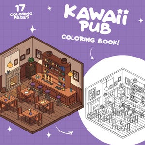 Puede incluir: Una página para colorear que presenta un pub kawaii con una barra, mesas y sillas. El pub está dibujado en estilo isométrico y está listo para ser coloreado. El título del libro es "¡Kawaii Pub Libro para colorear!" y hay 17 páginas para colorear en total.