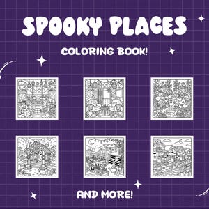 May include: A colouring book titled SPOOKY PLACES COLOURING BOOK! AND MORE! featuring six distinct black and white line art illustrations of various indoor and outdoor scenes with pumpkins, lanterns, and seasonal decorations on a purple grid background.