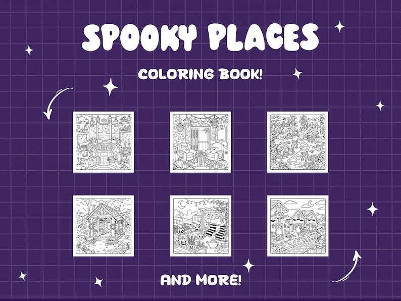 May include: A colouring book titled SPOOKY PLACES COLOURING BOOK! AND MORE! featuring six distinct black and white line art illustrations of various indoor and outdoor scenes with pumpkins, lanterns, and seasonal decorations on a purple grid background.
