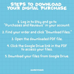 May include: A blue and white grid background with white text outlining the steps to download a digital purchase from Etsy. The steps include logging into Etsy, finding your order, clicking "Download Files", opening the PDF file, clicking the Google Drive link in the PDF, and downloading your files from Google Drive.