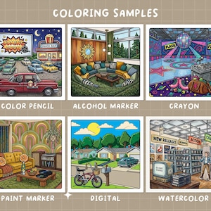 May include: A grid of six colorful illustrations labeled "Coloring Samples." Each image showcases a different coloring style: color pencil, alcohol marker, crayon, paint marker, digital, and watercolor. The images depict various scenes, including a drive-in theater and a retro living room.