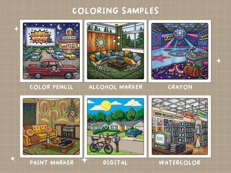 May include: A grid of six colorful illustrations labeled "Coloring Samples." Each image showcases a different coloring style: color pencil, alcohol marker, crayon, paint marker, digital, and watercolor. The images depict various scenes, including a drive-in theater and a retro living room.
