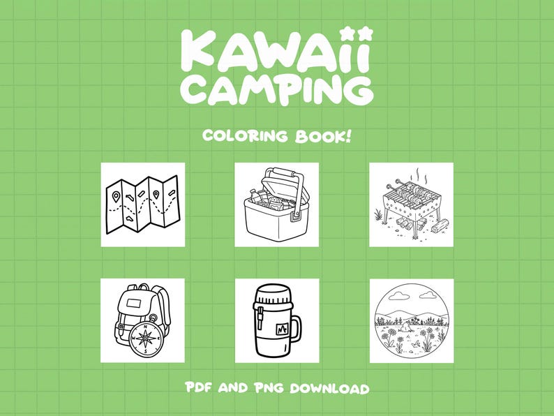 May include: Black and white coloring book pages featuring camping themed illustrations.  The illustrations include a map, cooler, grill, backpack, thermos, and a campsite.  The title of the book is "Kawaii Camping Coloring Book!"