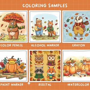 May include: A colorful illustration showcasing coloring samples. The image features six panels with autumn-themed drawings of animals, including bears, foxes, and badgers, each rendered with different art supplies like color pencils, alcohol markers, and crayons. The text "COLORING SAMPLES" is at the top.