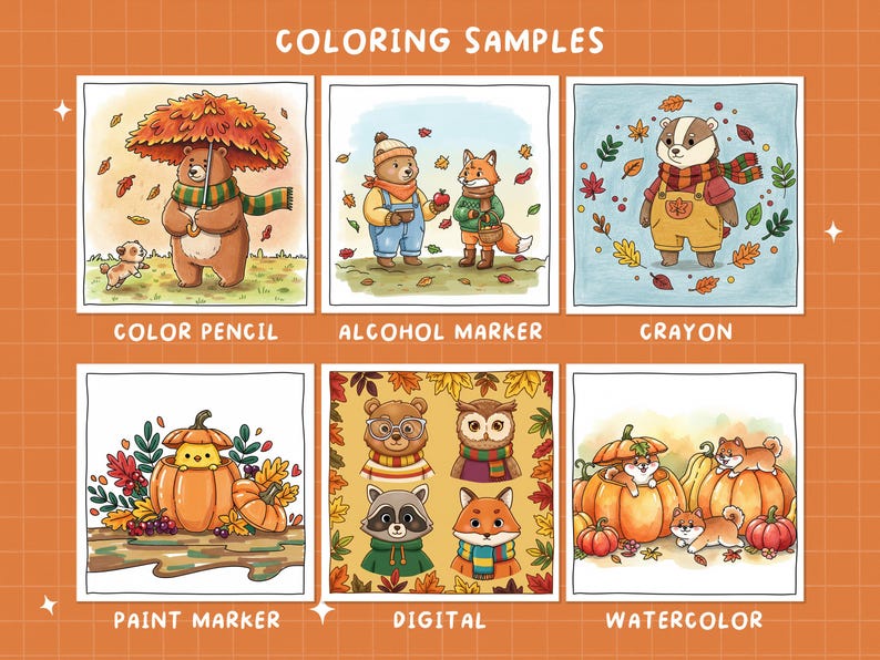 May include: A colorful illustration showcasing coloring samples. The image features six panels with autumn-themed drawings of animals, including bears, foxes, and badgers, each rendered with different art supplies like color pencils, alcohol markers, and crayons. The text "COLORING SAMPLES" is at the top.