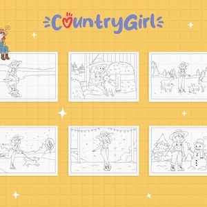 May include: A yellow background with the text "Country Girl" in blue and red. Six black and white illustrations of a girl in dungarees and a straw hat are displayed. The illustrations depict various outdoor scenes.